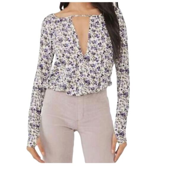 Free People Tops - Free People Kaya Ivory Purple Floral Cut Out Long Sleeve Bodysuit XS